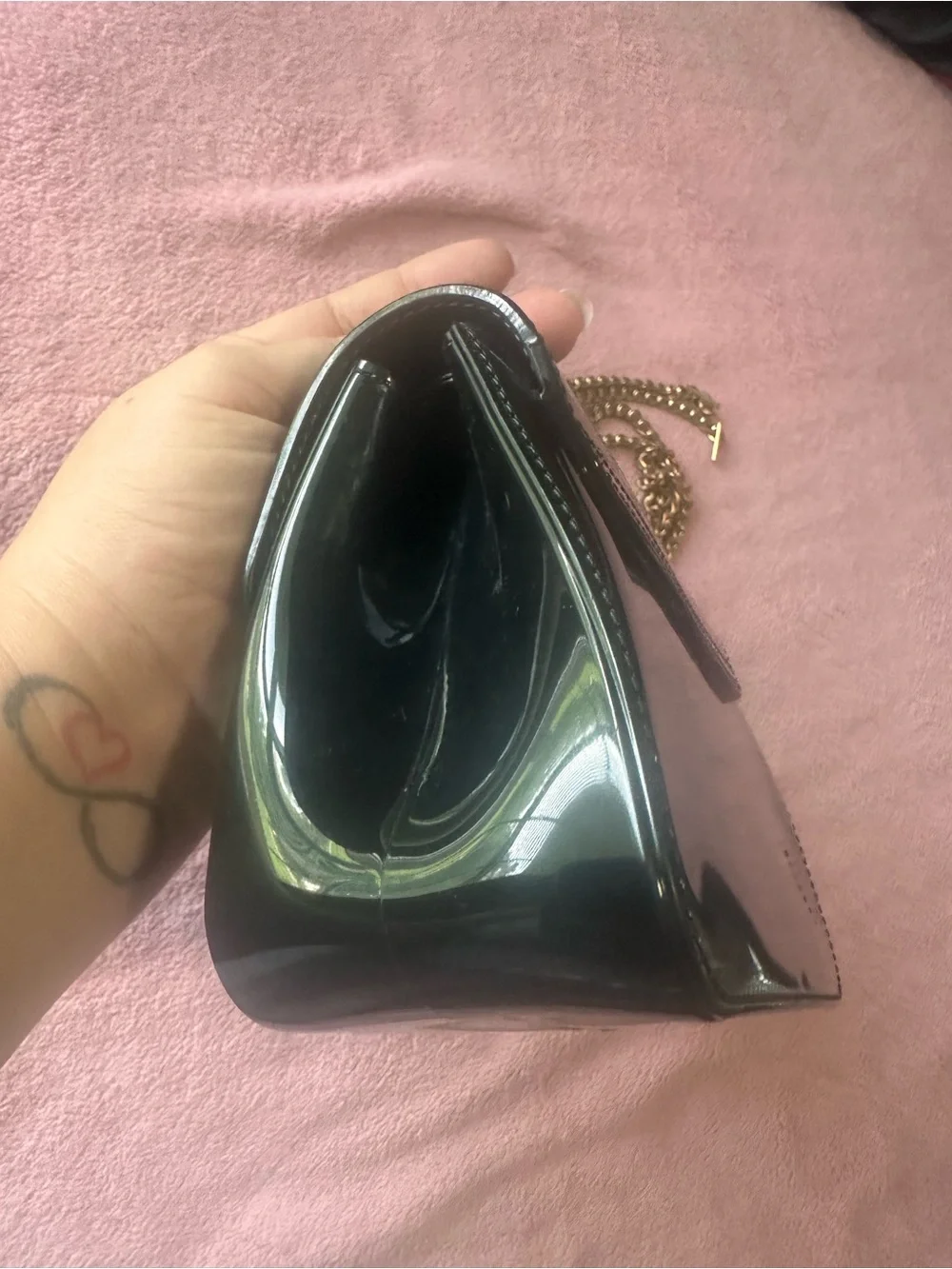 Black Patent Leather Top-Handle Shoulder Bag with Gold Hardware